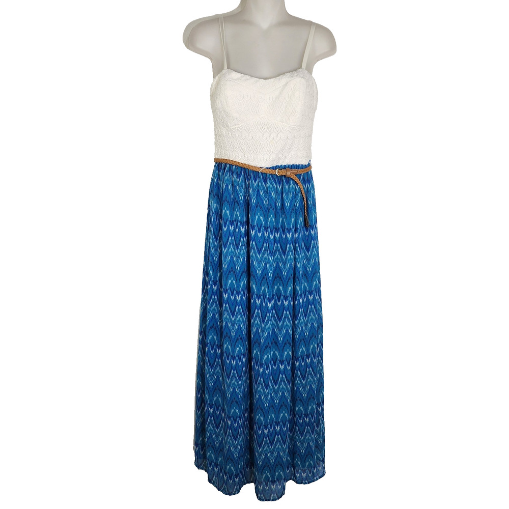 Lily Rose Womens Maxi Dress Medium White Blue Lined Crochet Belt Spaghetti Strap